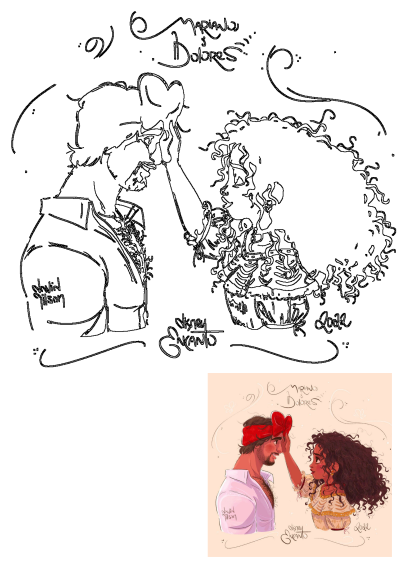 Drawing of Mariano and Dolores from Disney's Encanto, both wearing red bows. The man and woman are looking at each other lovingly. Fan art from 2022.