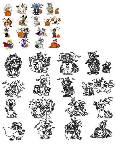 Cartoon Halloween characters like Mickey, Minnie, Bugs Bunny, Tom & Jerry, Stitch, and Daffy Duck with pumpkins and bats in Halloween costumes.