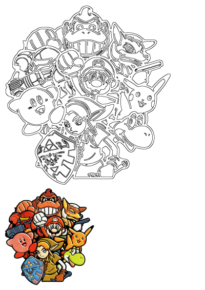 Video game character art featuring Mario, Donkey Kong, Link, Pikachu, and other popular characters from the Super Smash Bros. universe.