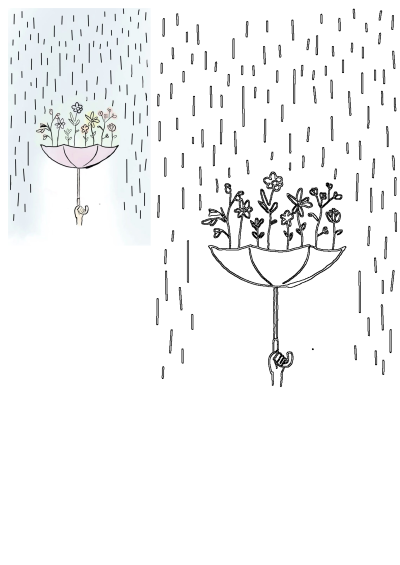Drawing of an umbrella filled with flowers, protecting them from the falling rain. An artistic depiction of beauty blooming in any weather.