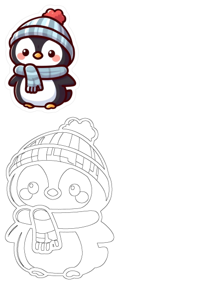 Cute cartoon penguin wearing a blue and white striped winter hat with a red pompom and a matching scarf. A sweet illustration.