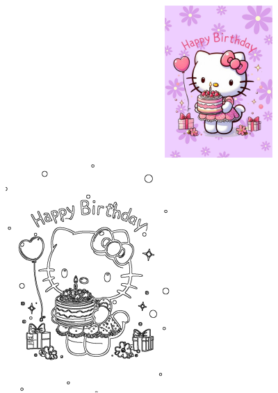 Hello Kitty birthday card featuring Hello Kitty in a pink dress, holding a cake with strawberries, surrounded by gifts and flowers. 