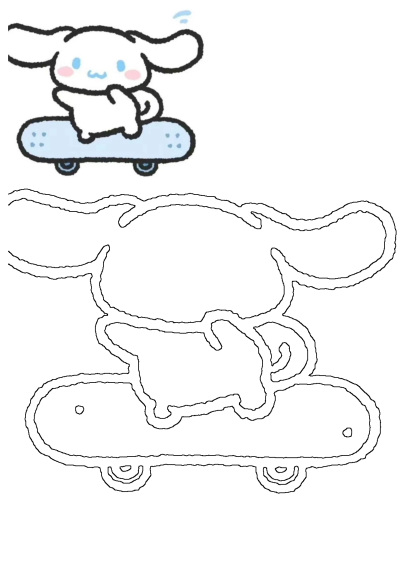 Cinnamoroll, a cute Sanrio character, is featured in this drawing on a light blue skateboard. Whimsical illustration of Cinnamoroll skateboarding.