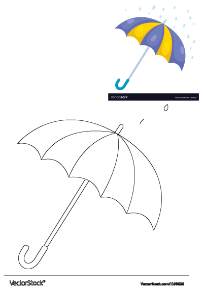 Illustration of a blue and yellow umbrella protecting from the rain on a white background. Cartoon style drawing of rainy weather gear.