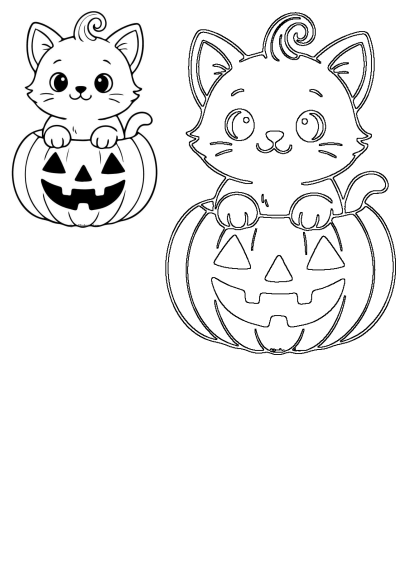 A cute cartoon cat sitting on top of a jack-o'-lantern pumpkin with a cute face. Perfect for Halloween coloring pages and festive fun.