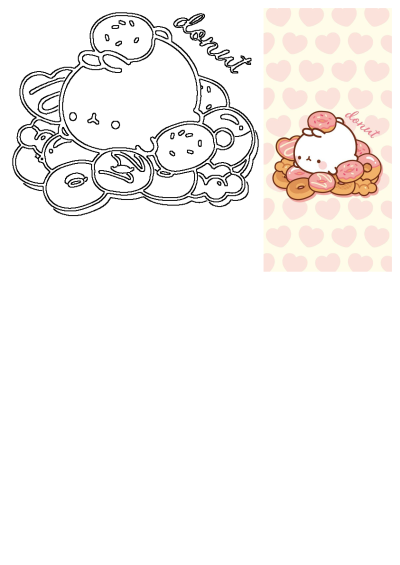 Hello Kitty donut wallpaper features a cute bunny character nestled amongst a pile of pink-frosted donuts against a heart-patterned background.