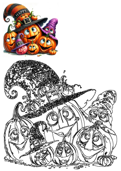 Group of charming pumpkins sporting witch hats. Whimsical faces add to the festive Halloween vibe. A delightful autumn scene. 