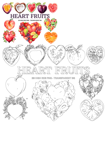 Watercolor fruits and vegetables are arranged in the shape of hearts, vibrant and artistic designs, perfect for healthy food and love concepts.