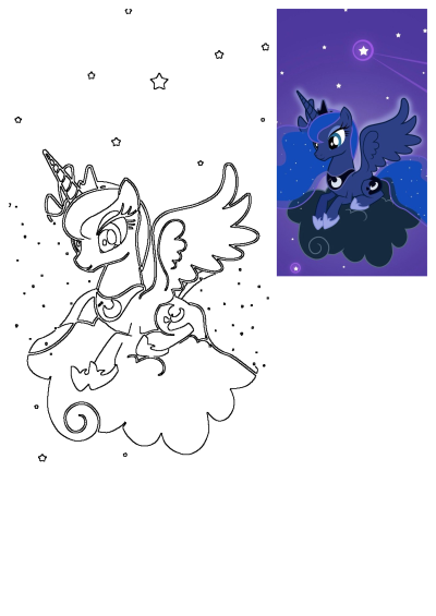 Cartoon image of Princess Luna from My Little Pony, surrounded by stars, against a purple night sky with a cloud beneath her.