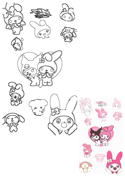 Stickers of pink and black cartoon characters on a white sheet, showcasing My Melody and Kuromi in various kawaii poses and expressions.