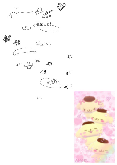 Aesthetic image of stacked Pom Pom Purin characters on a pink background with hearts and cute, baby, angel text overlays.