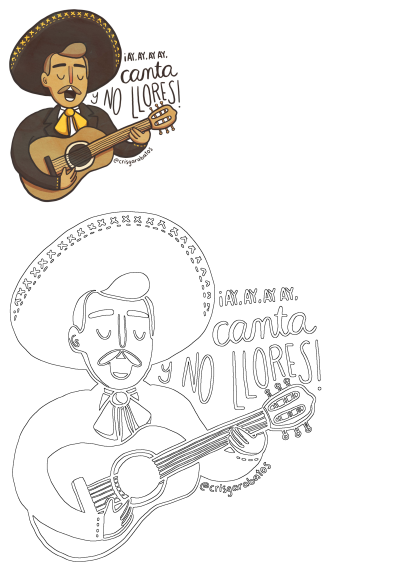 Illustration of a mariachi man wearing a sombrero and playing an acoustic guitar with the phrase "canta y no llores".