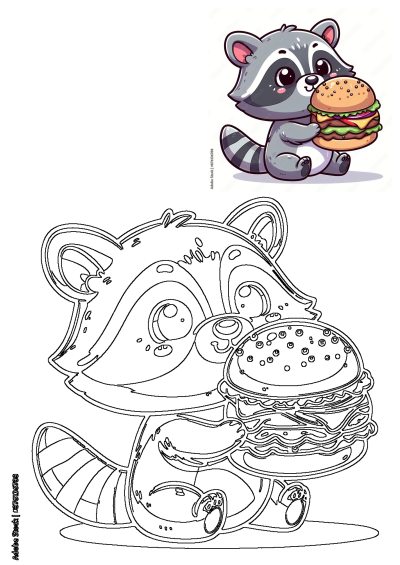 Cartoon image of a cute raccoon enjoying a big hamburger. A delightful illustration suitable for kids and fast food enthusiasts.
