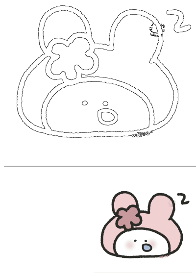 A drawing of a pink bear with a flower in its hair. This cute bear face has rosy cheeks and simple but sweet expression. 