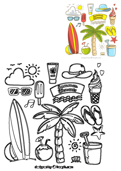 Cartoon summer elements including a palm tree, beach items like sunscreen, sunglasses, and ice cream. Perfect for summer designs, and beachy graphics.