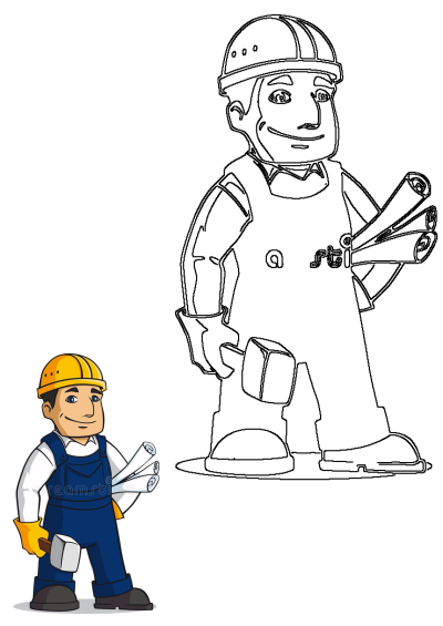 Cartoon image of a man in blue overalls and a yellow hard hat, holding blueprints and a hammer, indicating a construction worker.