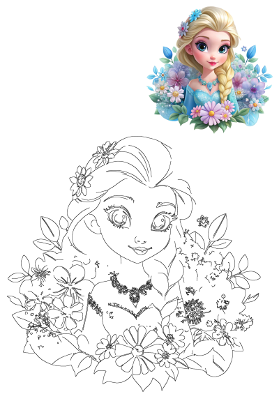 Elsa cartoon character with blonde braid, blue dress and flowers. Fantasy image of the queen of Arendelle surrounded by pastel flowers