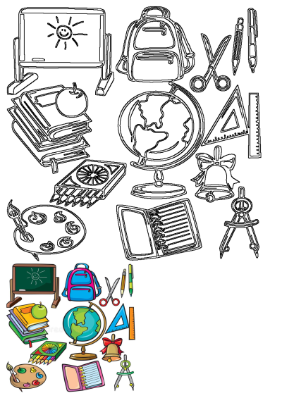 An image of various cartoon style school supplies on a white background, including a backpack, globe, pencils, and books. 