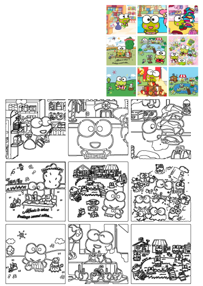 Cartoon characters with different expressions in various scenes, including Keroppi the frog holding different items, from shopping to reading, and enjoying sweets.