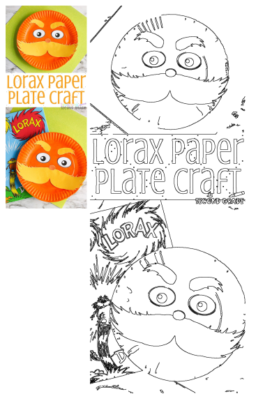 The Lorax paper plate craft for kids. View of the orange Lorax paper plate with a big yellow mustache and eyes in front of Lorax's book.