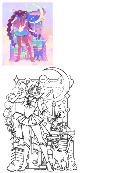 A whimsical cartoon features a girl and cat standing on a colorful cityscape, beneath a starry night sky and crescent moon. A cute, fun image.