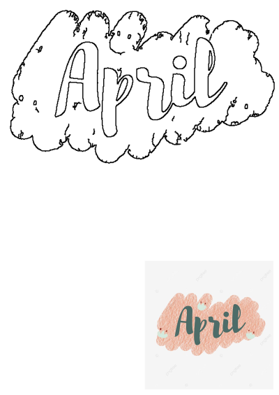Image of the word 'April' written in dark ink on a textured pink background with small cloud-like accents, perfect for spring designs.