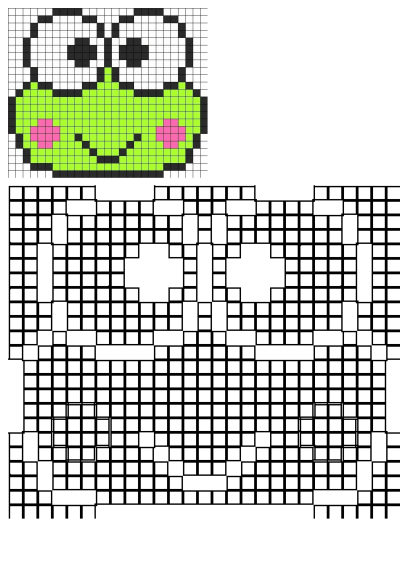 Cross stitch pattern showing a pixelated green frog's face with large eyes and pink cheeks. Ideal for DIY crafters looking for fun projects.