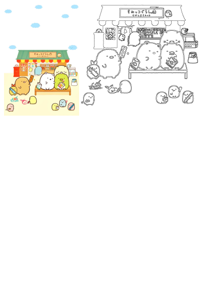 Two Sumikko Gurashi bears sit on a bench with other cute characters in front of a store. Adorable cartoon animals enjoying a day out.