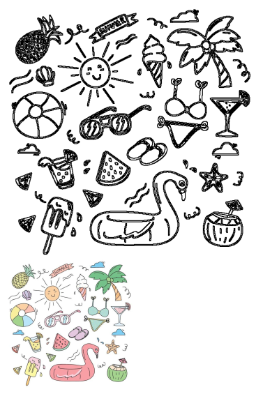 A colorful bunch of summer vacation items in the shapes of a sun, beach ball, and flamingo. Perfect for vacation themes.
