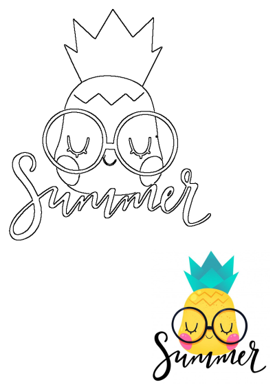 A cute cartoon pineapple wearing glasses with the word 'Summer' in cursive. Fun summer illustration perfect for tropical vibes.
