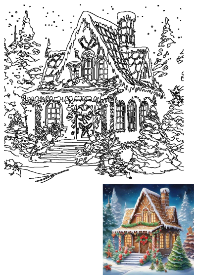 A charming gingerbread house stands in a magical snowy winter scene, adorned with festive Christmas decorations and surrounded by pine trees.