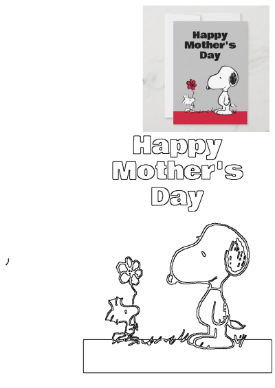 A cute Snoopy Mother's Day card featuring Snoopy and Woodstock with a flower. The card says 'Happy Mother's Day'. 