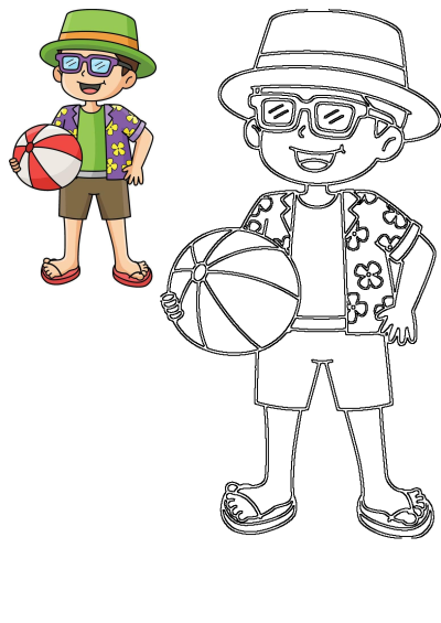 Cartoon boy in beach attire, complete with a hat, sunglasses, Hawaiian shirt, and flip-flops, holding a red and white beach ball. 
