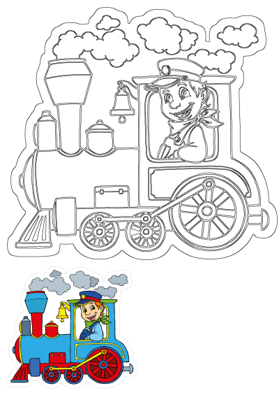 Locomotive with train engineer for boys and girls kiss-cut vinyl decal stickers, glossy, matte, and transparent options. Durable and water-resistant.