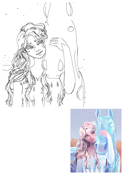 Drawing of Elsa, a girl with long blonde hair, embracing the Nokk, a blue horse in the snow. Beautiful and dreamy illustration.