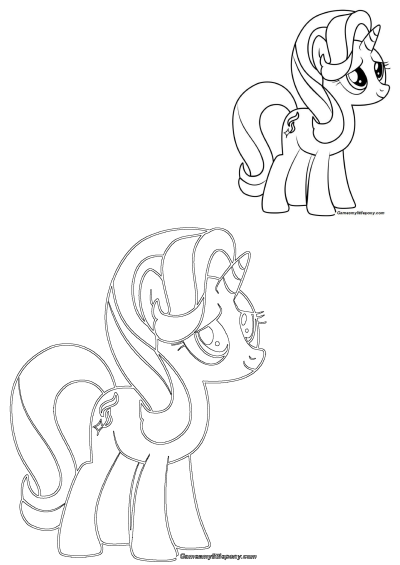 A little pony with big eyes coloring page. Printable outline illustration of a cute unicorn pony ready to be colored for creative fun.