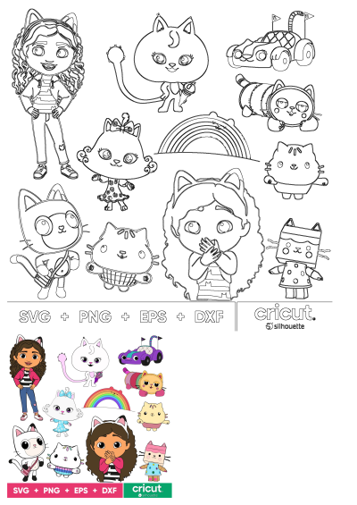 Gaby's Dollhouse characters clipart in SVG, PNG, EPS, and DXF formats. Perfect for Cricut or Silhouette projects, showcasing Gaby and her cat friends.