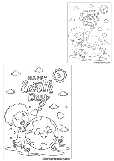 Happy Earth Day coloring page featuring a boy lovingly hugging a smiling Earth. Perfect coloring page for Earth Day celebrations. 