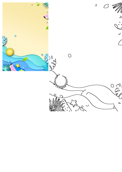 Abstract background with watermelon, sun and stars on the bottom right corner, palm leaves, blue sea and blank background. Summer vibes.