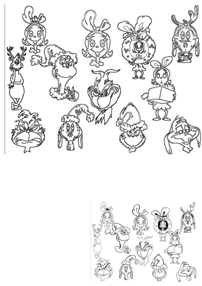 Cartoon characters coloring page featuring the Grinch and Cindy Lou Who. A fun activity for kids to color their favorite Christmas characters.