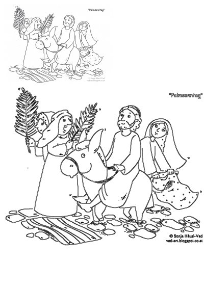 Line art depicts the three wise men walking with their children for Palm Sunday, carrying palm fronds and riding a donkey. Illustration.