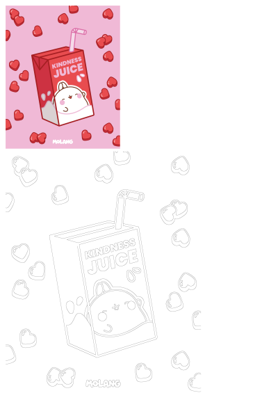 Whimsical cartoon image of a Kindness Juice carton with hearts floating around it on a pink background, featuring a cute Molang character.