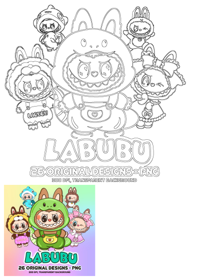 Image of cute cartoon Labubu characters dressed in fun animal costumes. Perfect for png designs and transparent backgrounds.