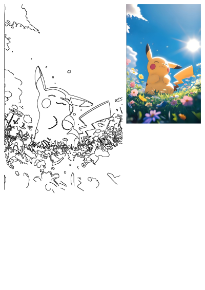 A cheerful Pikachu sits in a field of colorful flowers with a bright sun shining down, creating a warm and inviting scene.