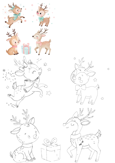 Collection of cute baby reindeers in various poses, featuring vibrant cartoon illustrations and black outline designs with gifts and stars.