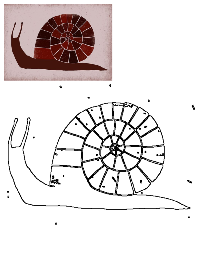 Stylized illustration of a snail silhouetted against a red and brown background. A graphic and artistic snail with decorative shell.