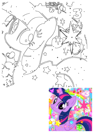 Cartoon image of the purple cartoon pony Twilight Sparkle surrounded by colorful stars, hearts, rainbows and other cute graphics. A cartoon pony surrounded by stars.