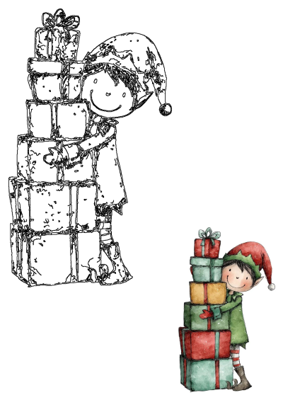 A cheerful Christmas elf peeks from behind a tall stack of festive gifts, shown as both watercolor and outline art.