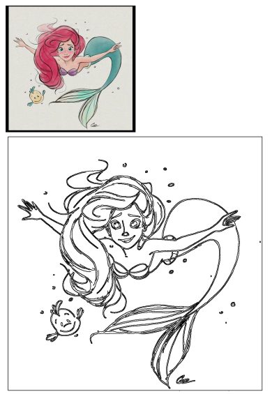 Illustration of Ariel from The Little Mermaid with Flounder, bright red hair and teal tail, swimming happily underwater.