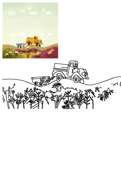 Illustration: A yellow truck pulls a blue car down a hill in a field of flowers. Whimsical and charming illustration for children or a nursery.